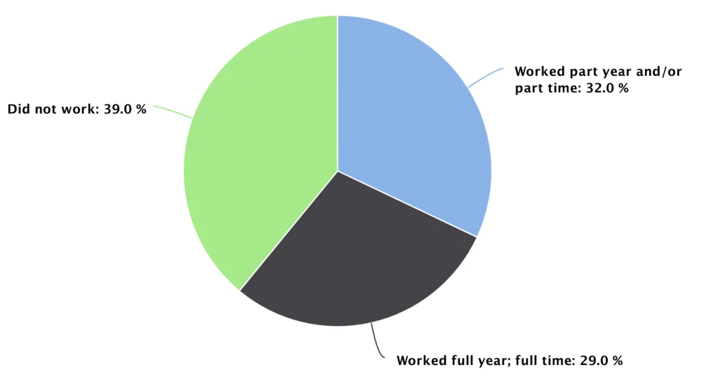 Pie chart with this values: Did not work: 39.0 % Worked part year and/or part time: 32.0 % Worked full year; full time: 29.0 %